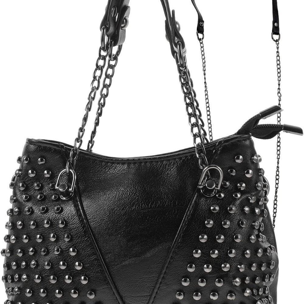 Studded Shoulder Bag for Women Leather Punk Rivet Crossbody Bag Handbag with Cha
